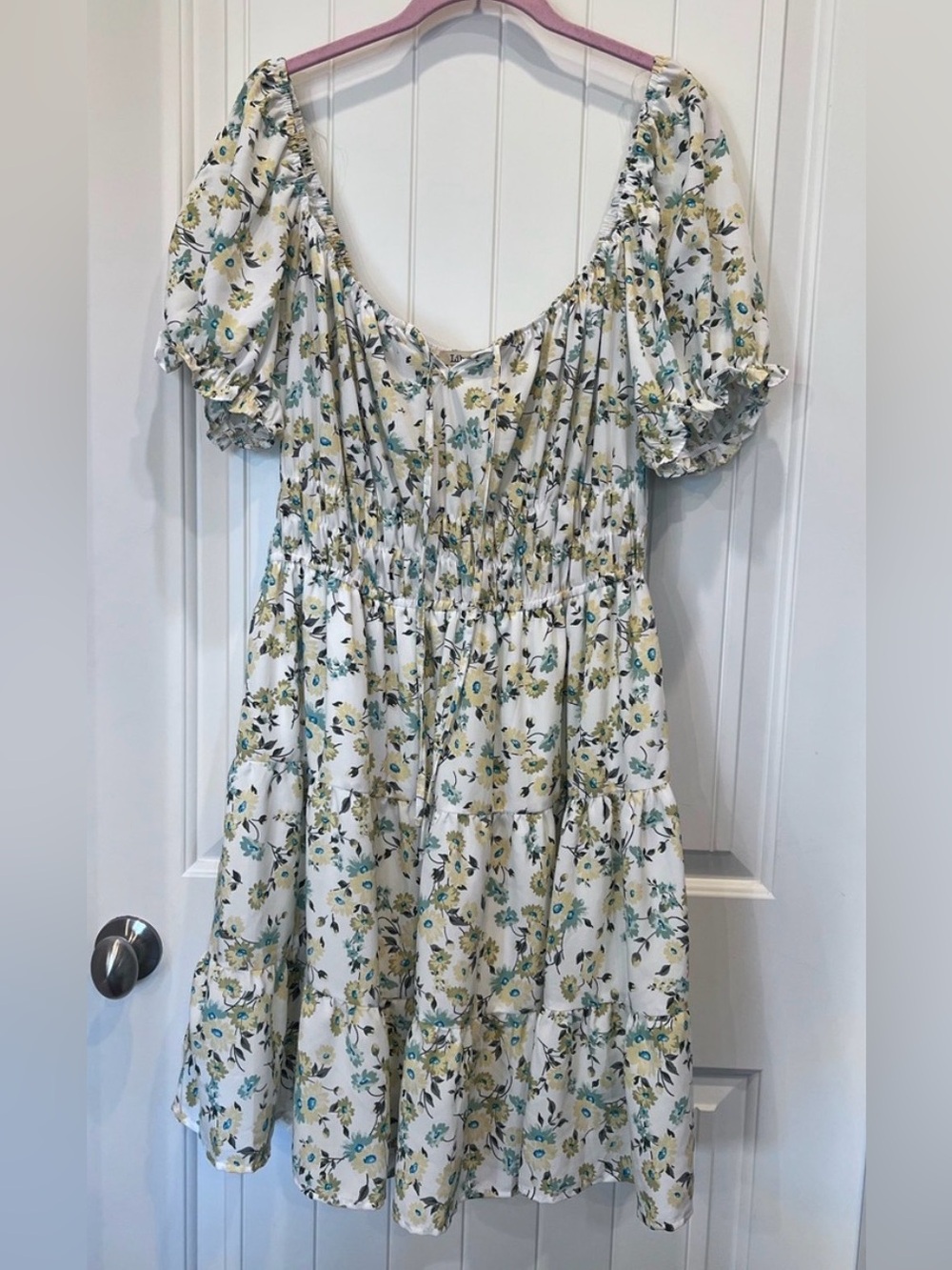 Liberty Love White Boho Cottage core Midi Dress Blue Yellow Floral Print Sz 2XL